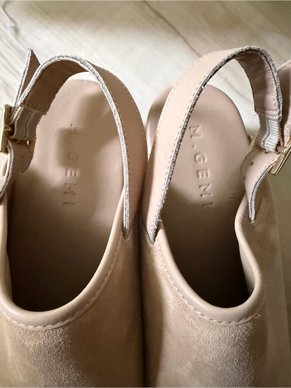 Neutral Suede Slingback Clogs with Studded Wood Platform - Picture 3 of 6